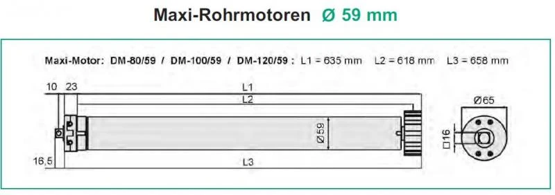 WTS - Maxi-Rohrmotoren Serie DM/59 Durchmesser 59 mm, 16 mm Vierkantstift,mit mechanischer Endabschaltung