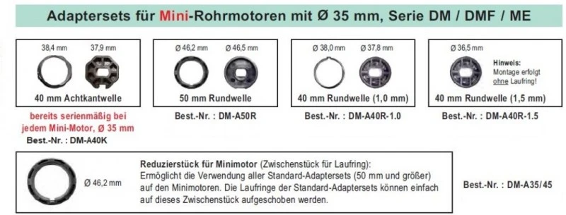 WTS - Adapterset DM-A50R - 50 mm Rundwelle für Mini-Rohrmotoren  Ø 35 mm, Serie DM - DMF - ME