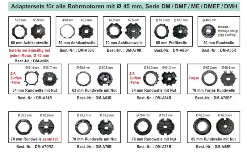 WTS - Adapterset DM-A70RZ  70 mm Zentrisch Rundwelle für alle Rohrmotoren  Ø 45 mm Serie