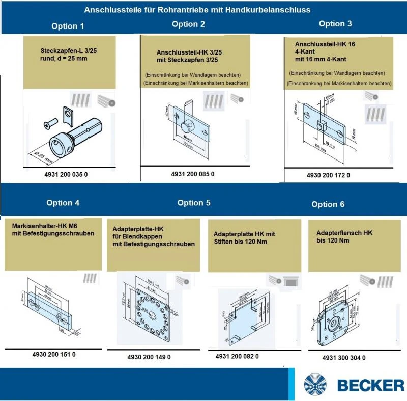 Becker - Rohrantriebe mit Handkurbelanschluss, R12-M05 bis R50-M05 , Serie R , Typ M05