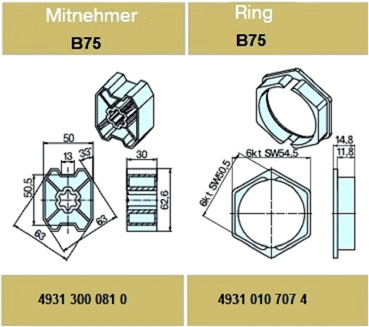 Adapter-Set  B75 für Sechskantwelle für Rohrmotore Becker Baureihe L