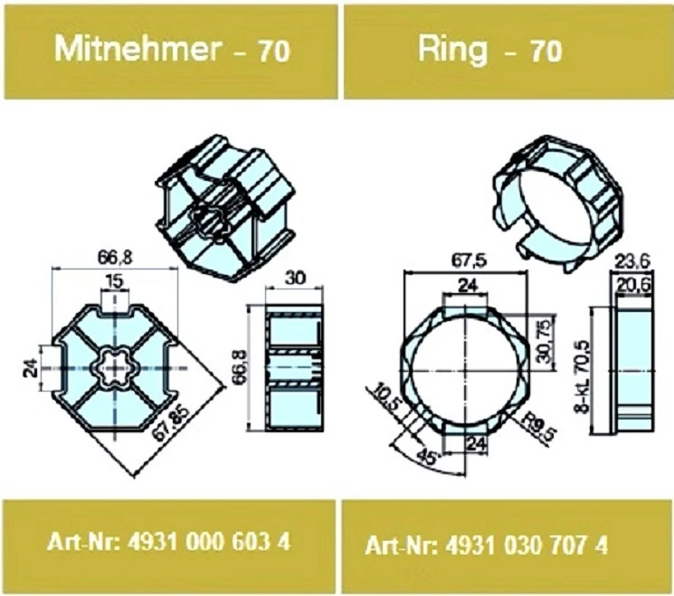 Adapterset für Achtkatwelle 70 ,für Rohrmotoren Becker Baureihe L  Serie