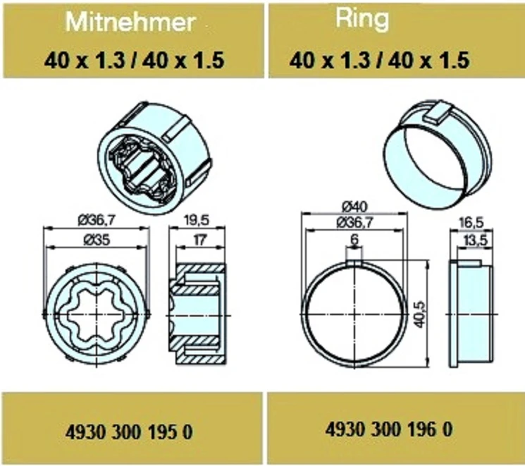 Adapterset für Rundrohr 40 x 1.3 / 40 x 1.5 , für Rohrmotore Becker Baureihe P Serie