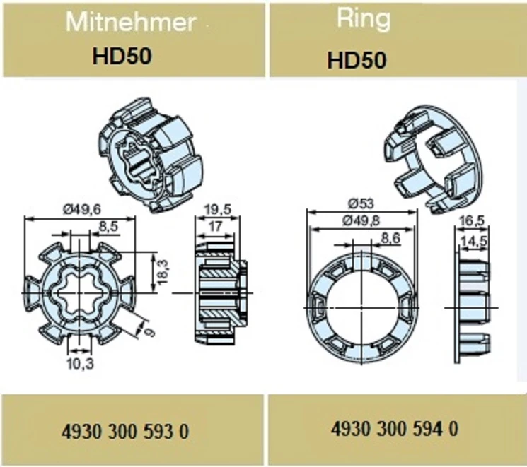 Adapterset für Rundrohr HD50 , für Rohrmotore Becker Baureihe R Serie