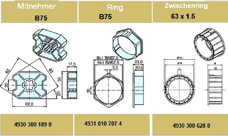 Adapterset B75 für Sechskantwelle für Rohrmotoren Becker Baureihe R Serie