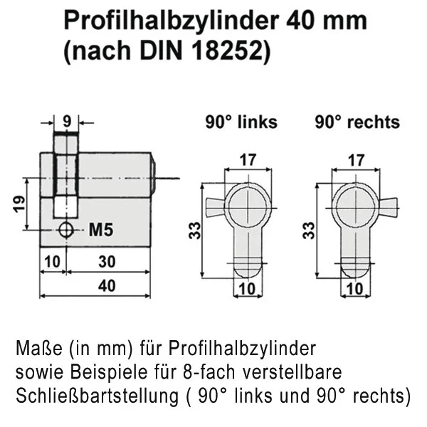 Profilhalbzylinder mit 3 Schlüssel, Länge 30/10 mm, 8-fach verstellbar, verschiedenschließend