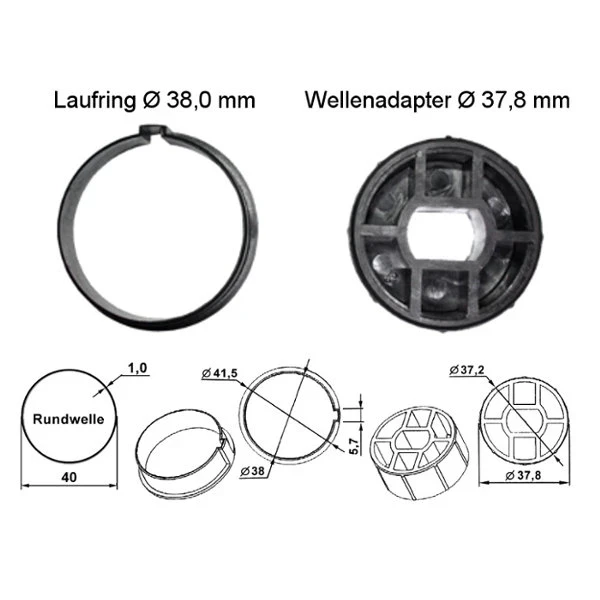 WTS - Adapterset DM-A40R-1.0 - 40 mm Rundwelle 1,0 mm für Mini-Rohrmotoren  Ø 35 mm, Serie DM - DMF - ME